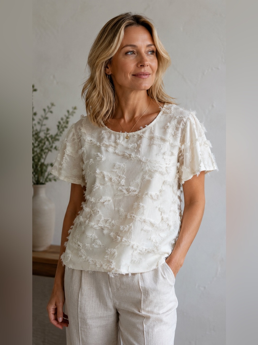 Vince Camuto Textured Fringe Sheer Sleeve Top - Ivory size S